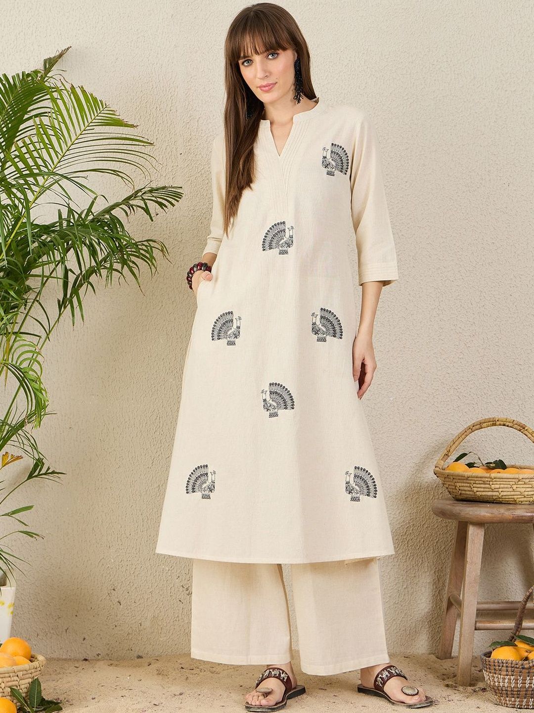 Dhiyona IE Ethnic Motifs Embroidered A-Line Thread Work Pure Cotton Kurta With Palazzos