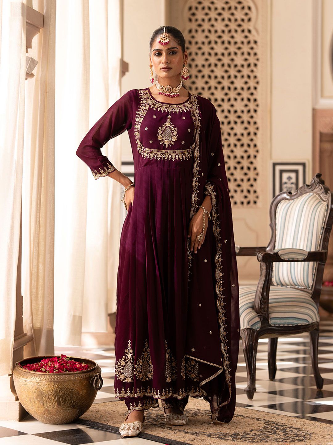 Dhiyona CH Floral Embroidered Mirror Work Georgette Anarkali Kurta with Trousers & Dupatta