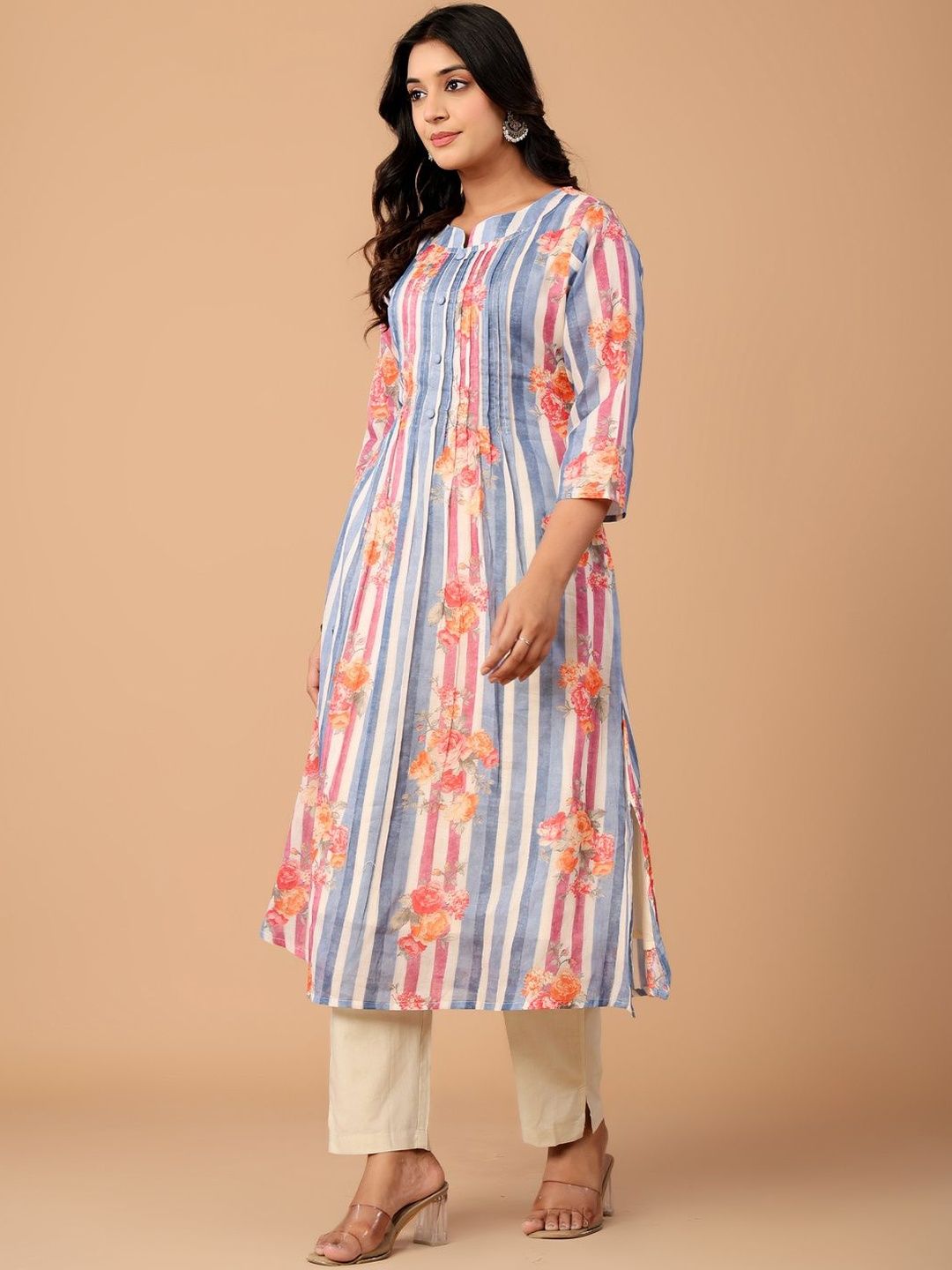 Striped Pure Cotton A Line Kurta With Trousers