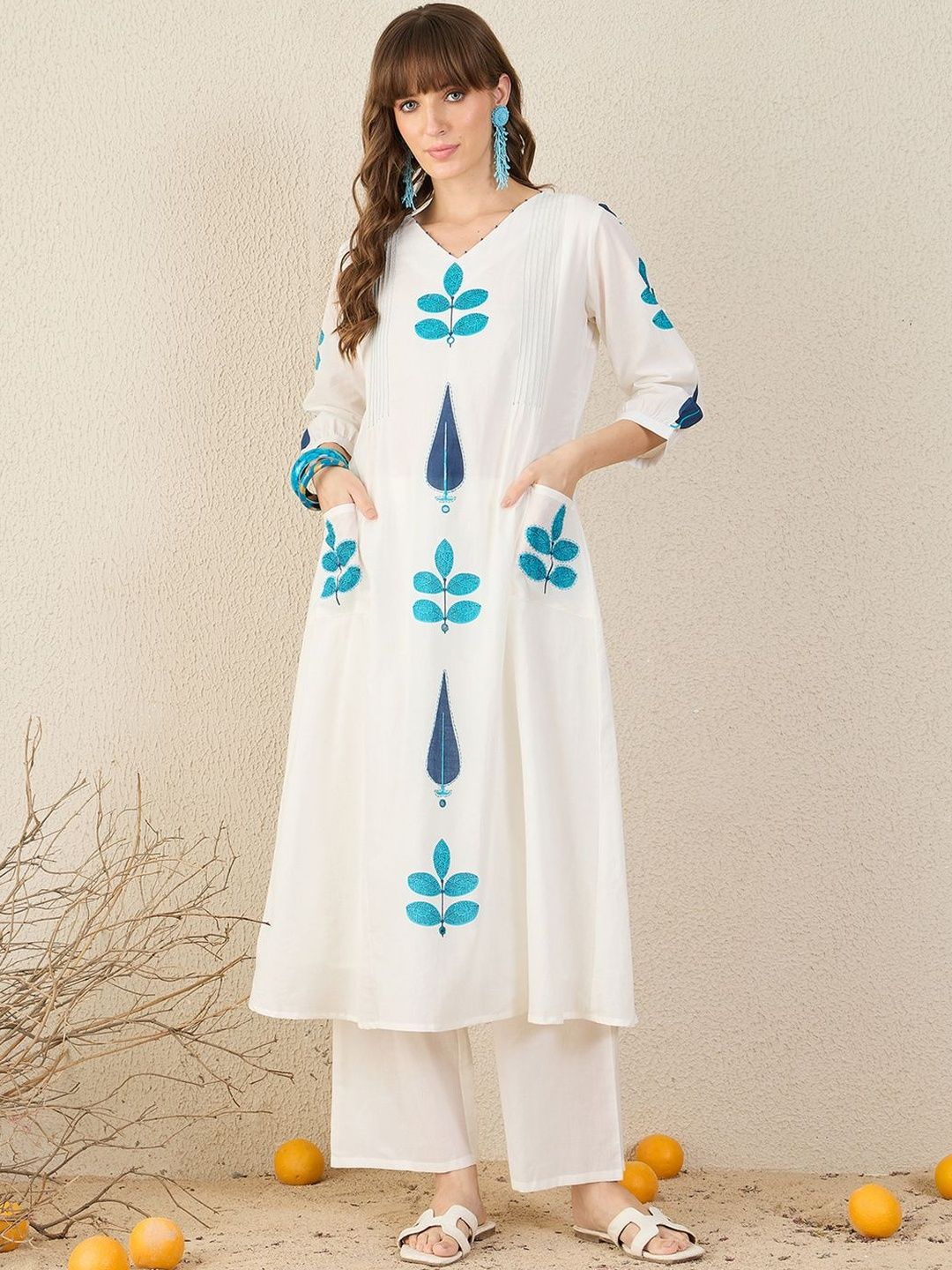 Floral Printed Panelled V-Neck Mirror Work A-Line Pure Cotton Kurta with Palazzos