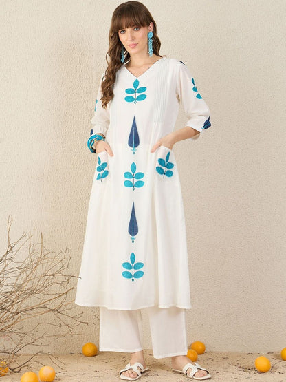 Floral Printed Panelled V-Neck Mirror Work A-Line Pure Cotton Kurta with Palazzos