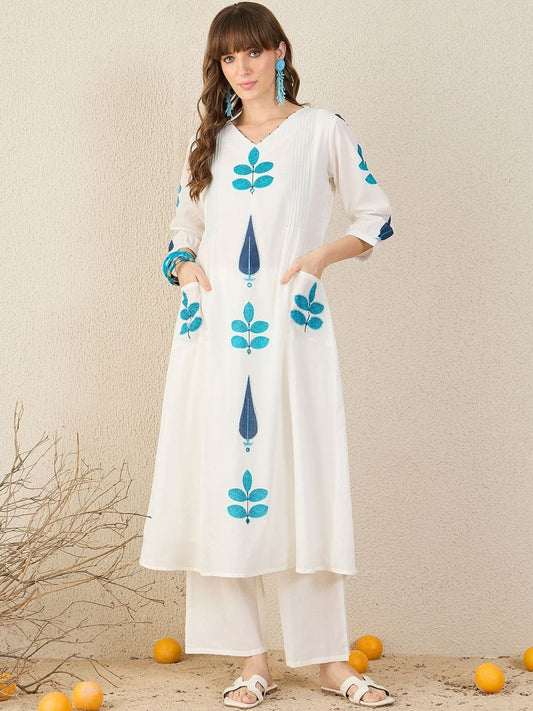 Floral Printed Panelled V-Neck Mirror Work A-Line Pure Cotton Kurta with Palazzos