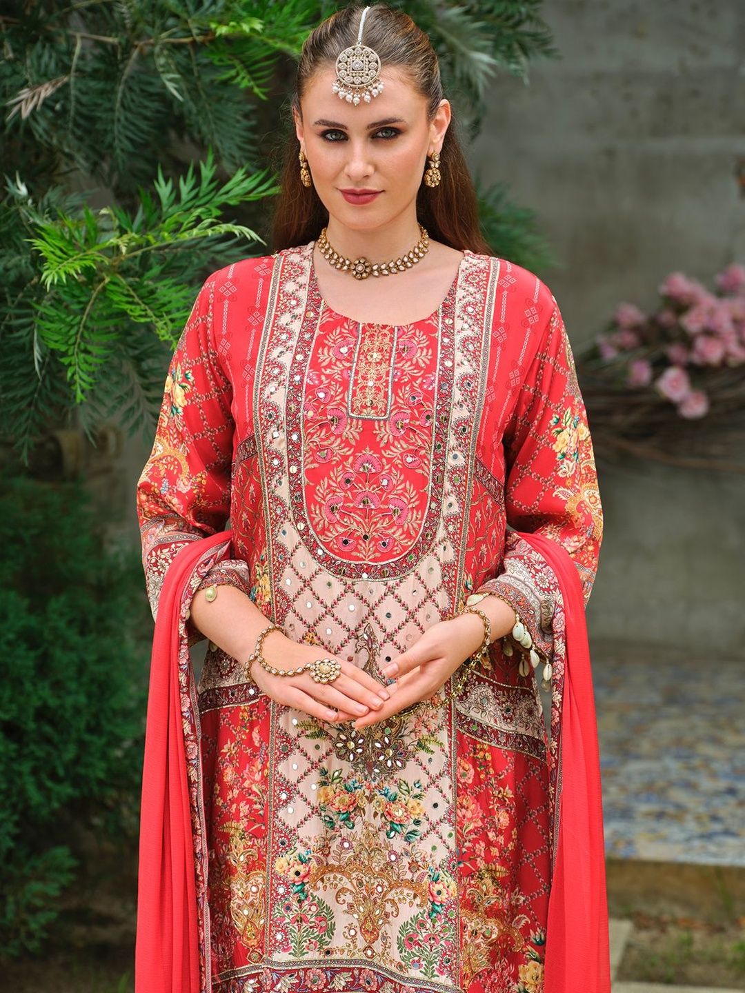 Ethnic Motifs Printed Mirror Work Pure Silk A-Line Kurta & Palazzos With Dupatta