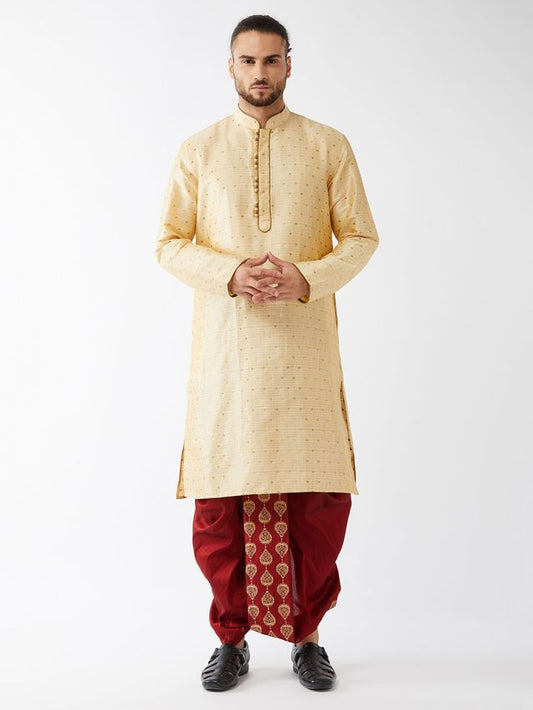 Men's Beige Silk Blend Straight Kurta and Dhoti Set