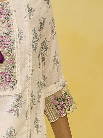 Women Floral Printed Regular Thread Work Pure Cotton Kurta with Trousers & With Dupatta