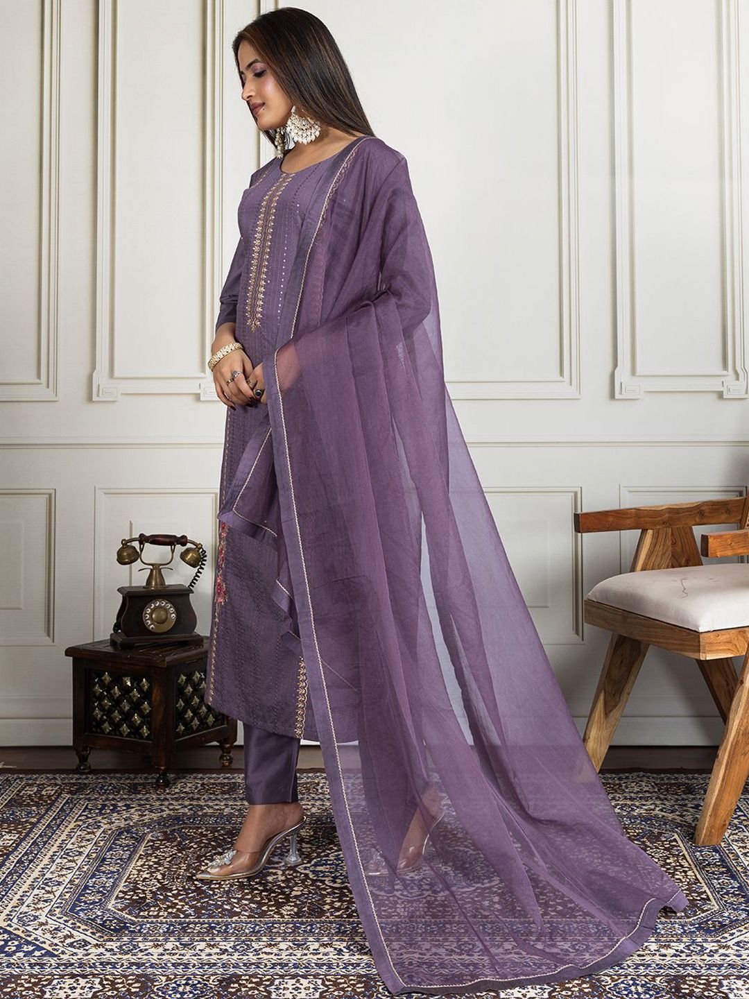 Dhiyona PD Women Floral Embroidered Round Neck Sequinned Kurta With Trouser & Dupatta