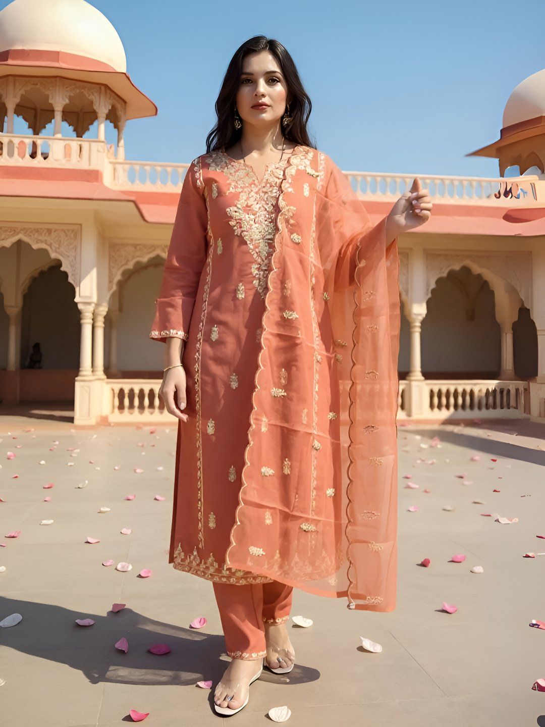 Dhiyona IE Women's Floral Embroidered Thread Work Straight Kurta With Trousers & Dupatta