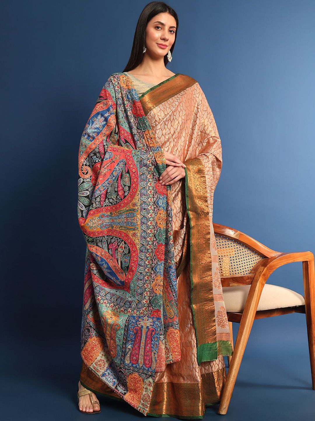 Dhiyona PA Ethnic Motifs Embroidered Woollen Kalamkari Shawl