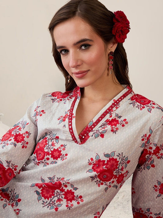 Women Floral Printed Regular Mirror Work Pure Cotton Kurta with Trousers