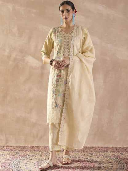 Floral Embroidered Pure Cotton Regular Thread Work Kurta With Trousers & Dupatta