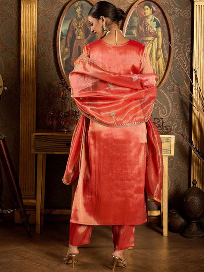 Dhiyona IE Ethnic Motifs Embroidered Zari Liva Kurta With Trousers & Dupatta