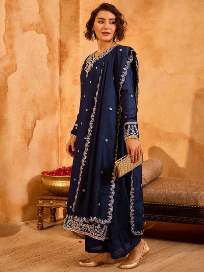 Dhiyona KL Women Ethnic Motifs Embroidered Regular Thread Work Kurta with Palazzos & With Dupatta