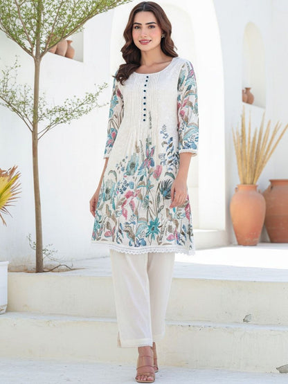 Women Floral Printed Pleated Thread Work Pure Cotton Kurta with Trousers
