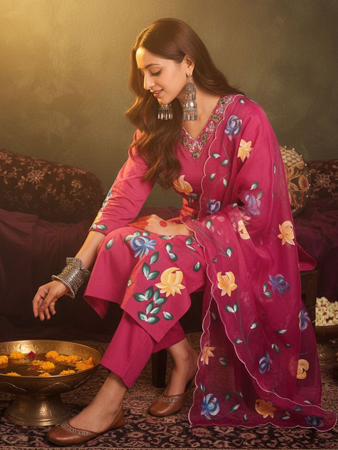Dhiyona IE Floral Printed Sraight Thread Work Pure Cotton Kurta With Trousers & Dupatta