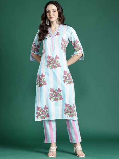 Dhiyona IE Indo era Printed Pure Cotton V Neck Top With Trousers Co-Ords Set