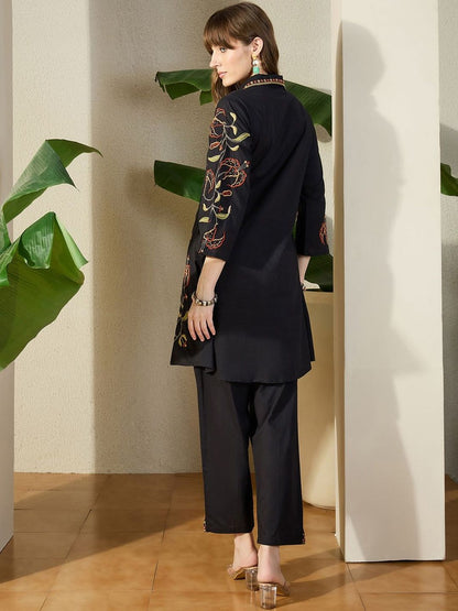 Women Black Floral Embroidered Thread Work Pure Cotton Kurti with Trousers