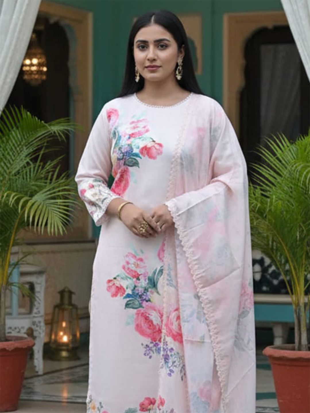 Dhiyona IE Floral Printed Linen Straight Kurta With Trousers & Dupatta