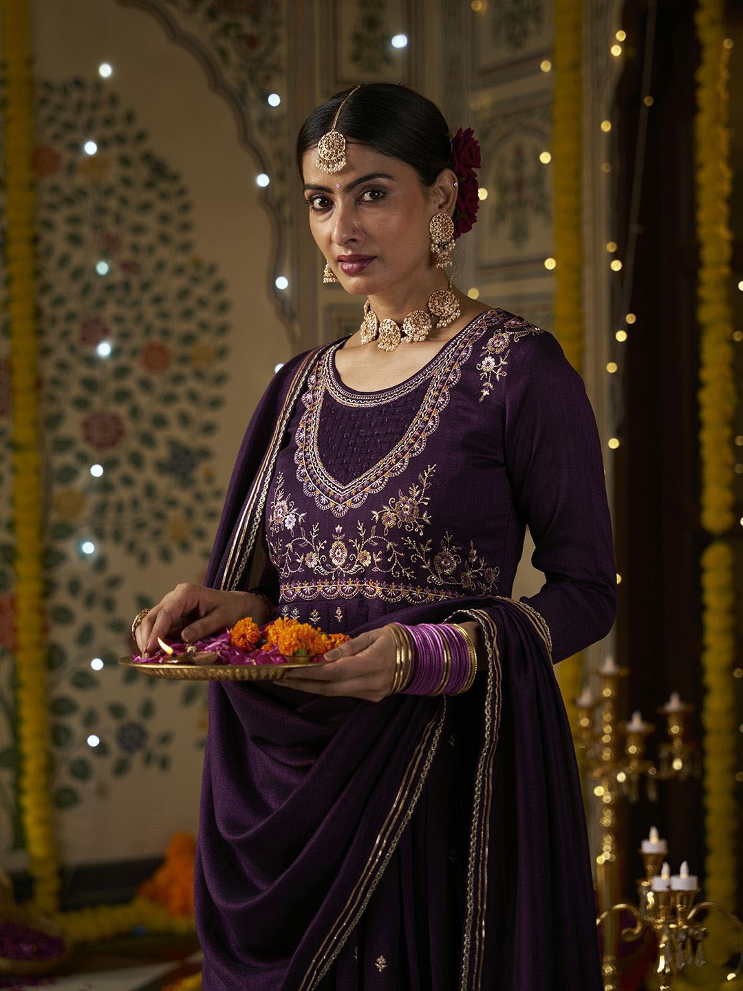 Dhiyona CH Women Floral Embroidered Pleated Sequinned Kurta with Trousers & With Dupatta