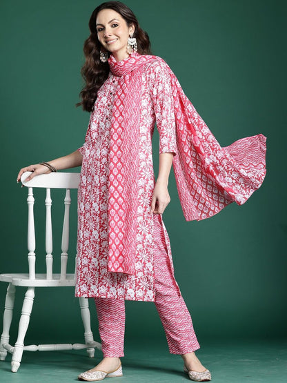 Women Ethnic Motifs Printed Regular Pure Cotton Kurta with Trousers & With Dupatta
