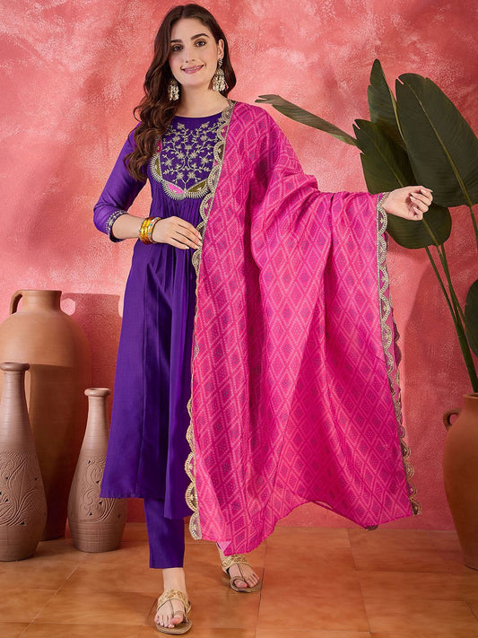 Dhiyona SN Women's Zari Sequence Embroidered Straight Kurta With Trousers & Dupatta