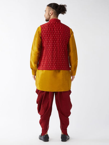 Men's Mustard Silk Blend Straight Jacket  Kurta and Dhoti Set