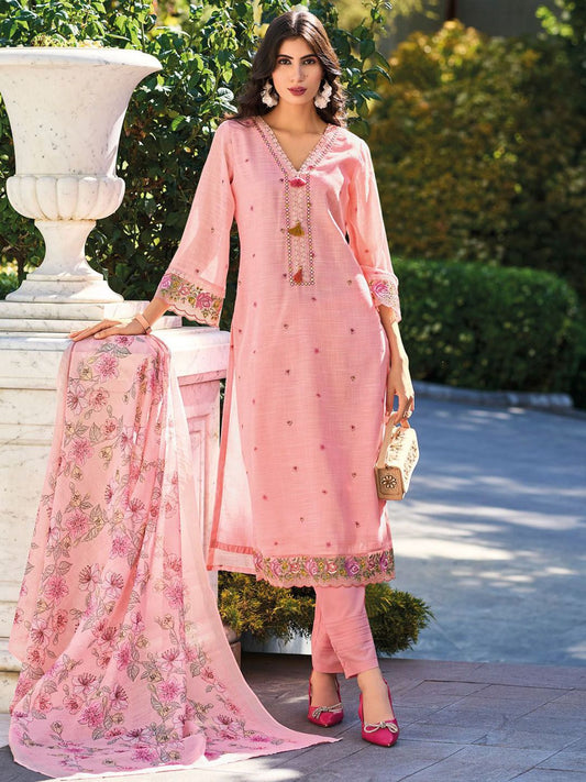 Women Floral Embroidered Thread Work Linen Kurta with Trousers & With Dupatta