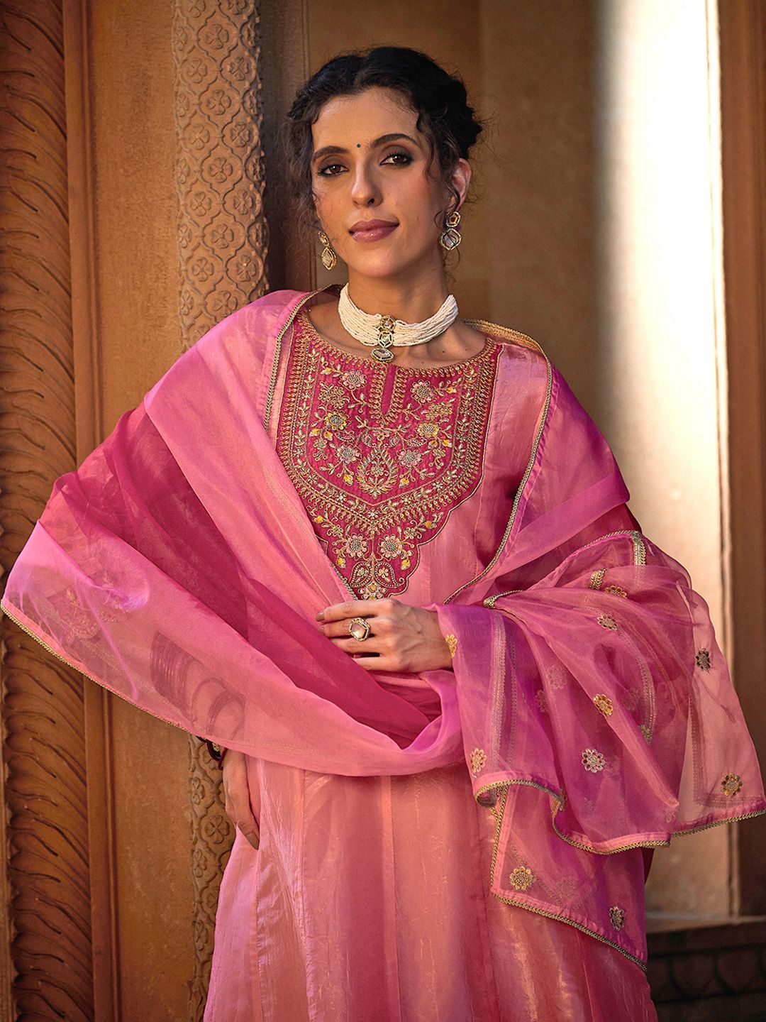 Dhiyona CH Women Floral Embroidered A-Line Kurta with Trousers & Dupatta