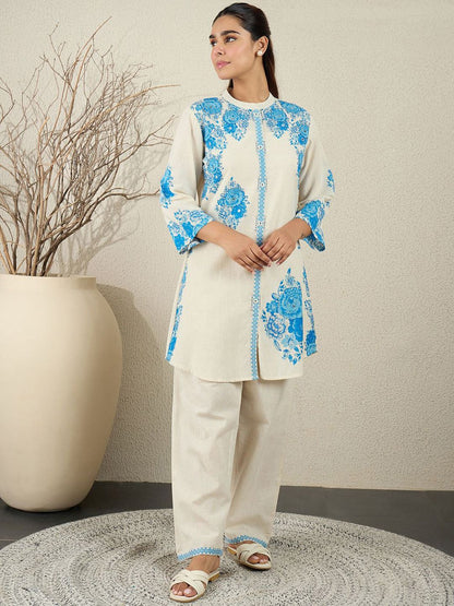 Dhiyona IE Printed Pure Cotton Mandarin Collar Neck Top With Palazzos Co-Ords