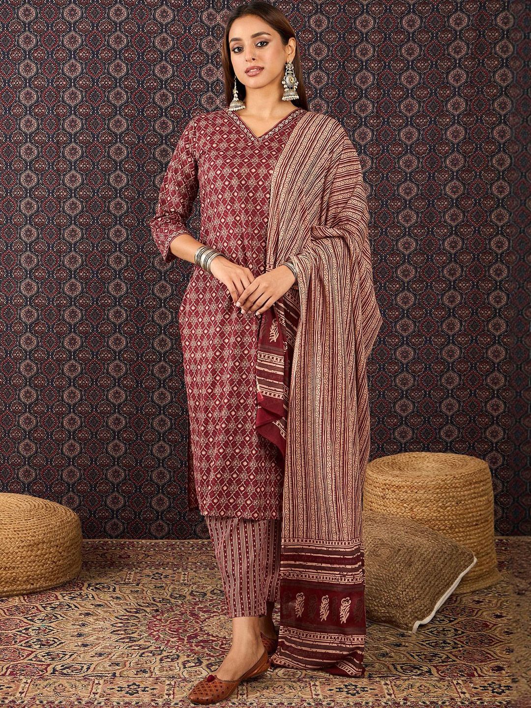 Dhiyona IE Women Ethnic Motifs Printed Regular Pure Cotton Kurta Trousers With Dupatta