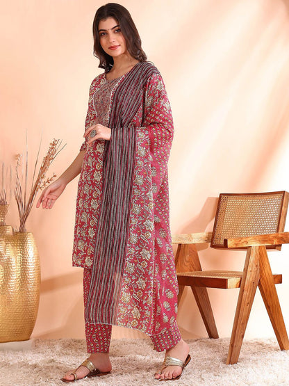 Dhiyona OD  Printed Mirror Work Pure Cotton Kurta With Trousers & Dupatta