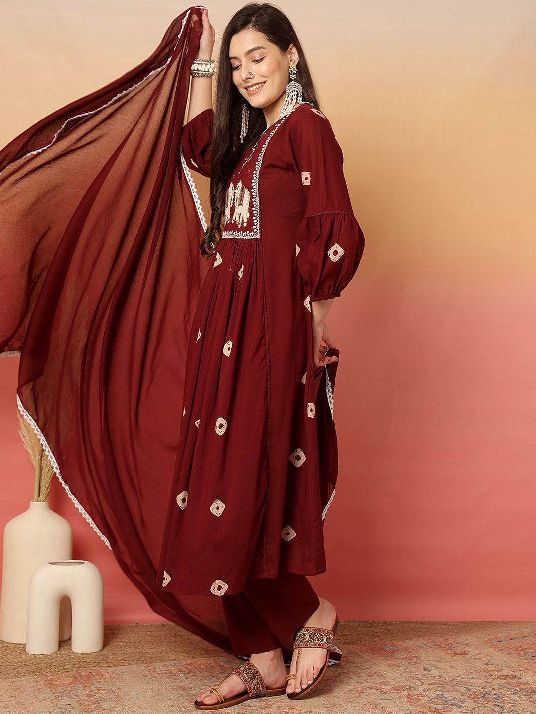 Dhiyona SN Women's Embroidered 100% Cotton Anarkali Kurta & Trouser With Dupatta