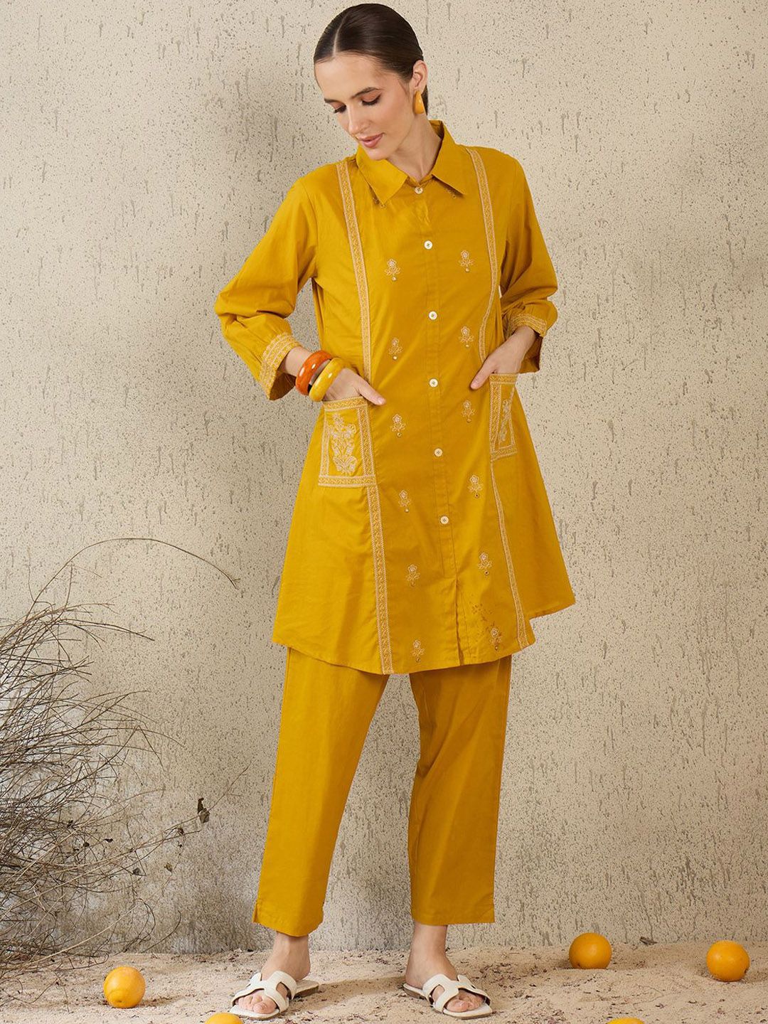 Dhiyona IE Women Embroidered Shirt Collar Cotton Top and Trousers Co-Ords