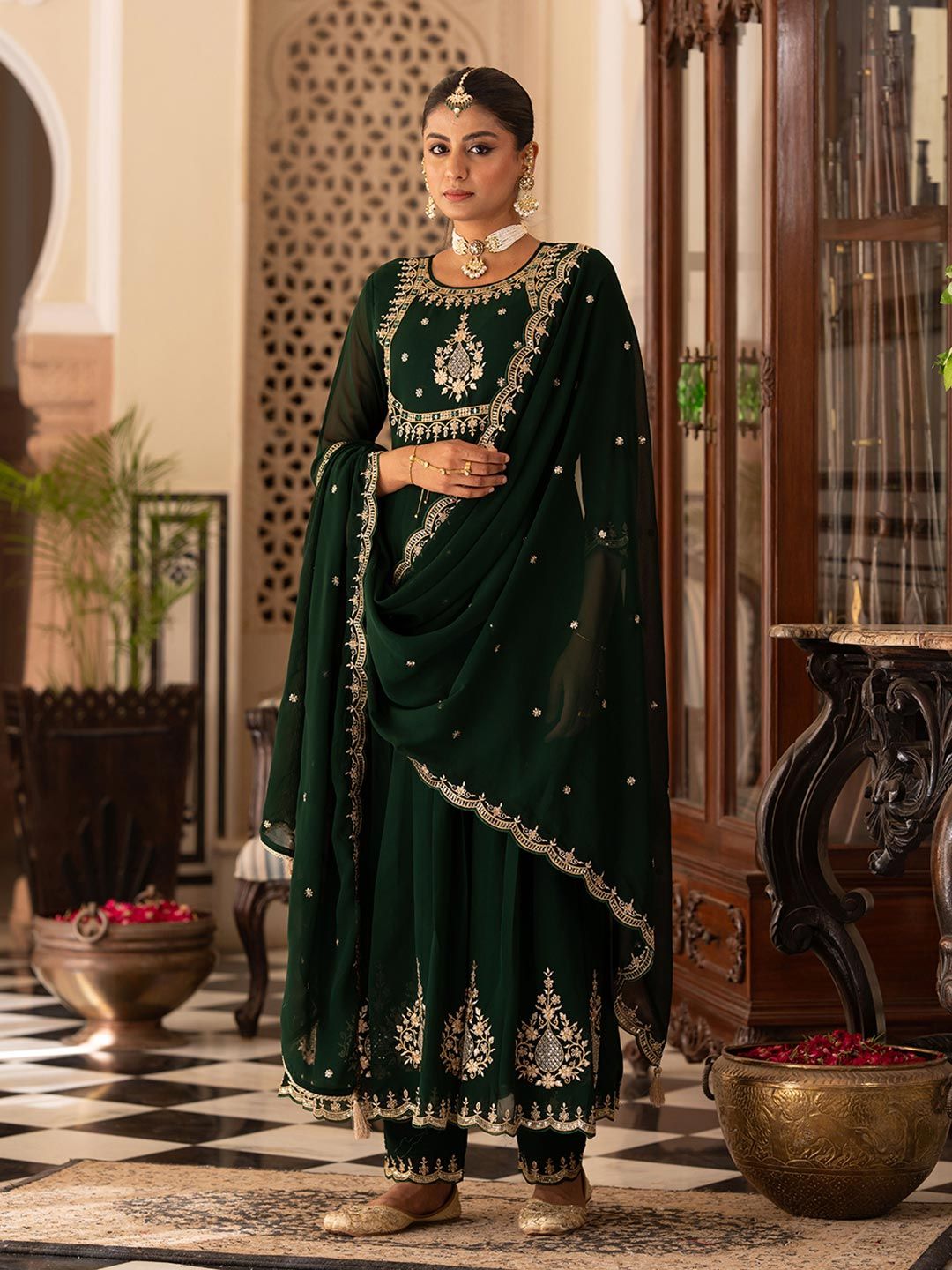 Dhiyona CH Women Floral Embroidered Pleated Mirror Work Kurta with Trousers & Dupatta