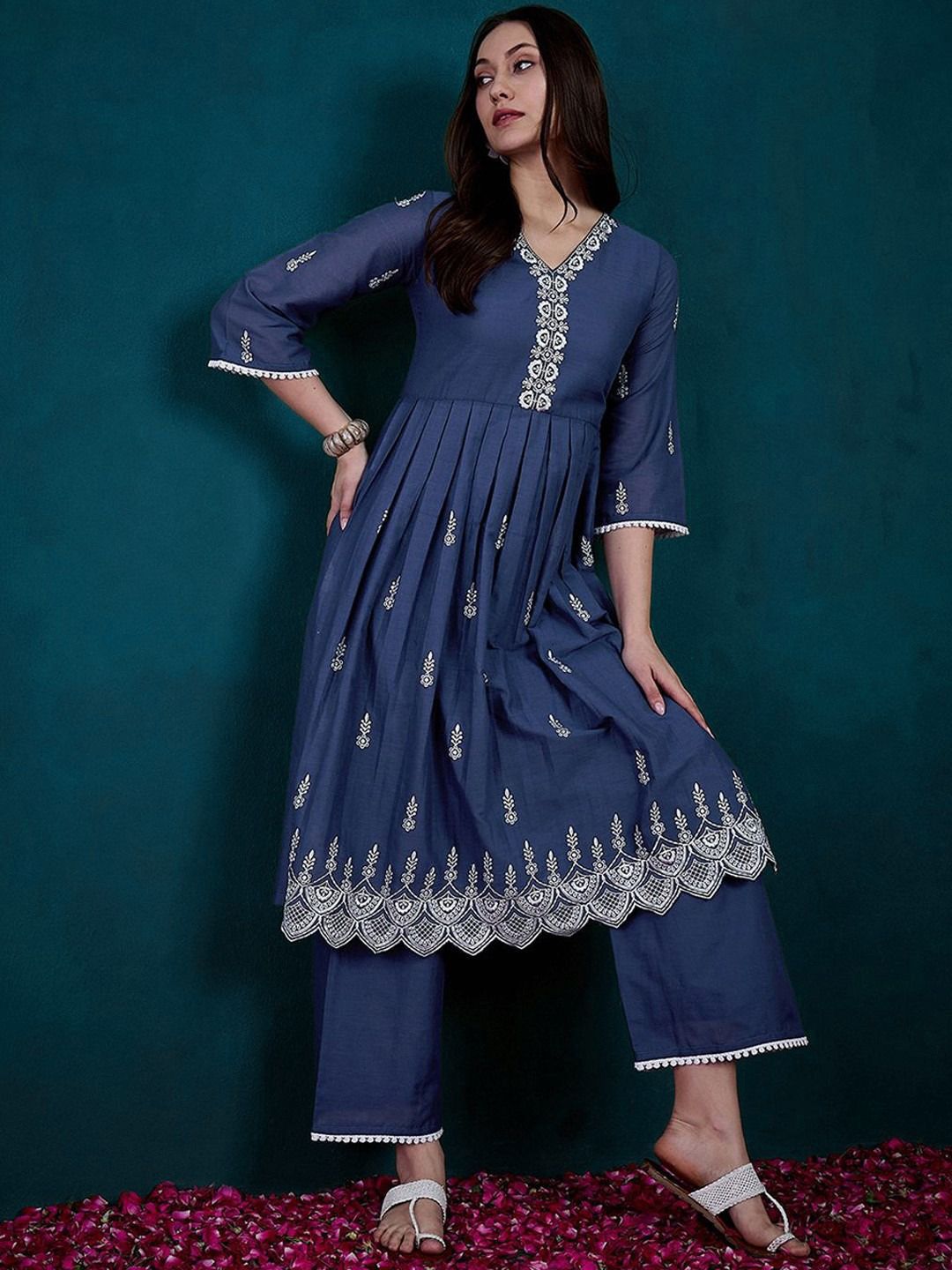 Dhiyona SN Women's Floral Embroidered V Neck Sequinned Pure Cotton Anarkali Kurta & Trousers