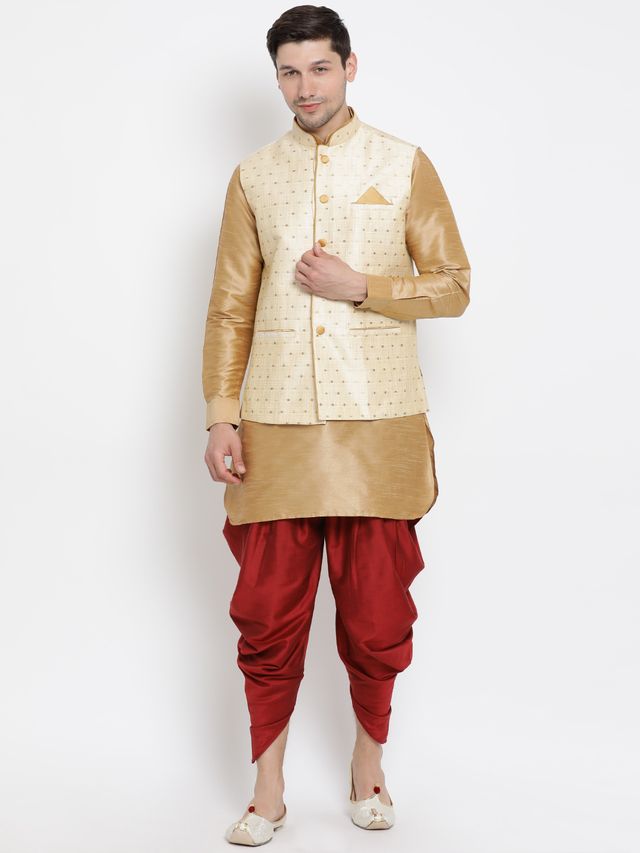 Men's Rose Gold Silk Blend Straight Jacket  Kurta and Dhoti Set