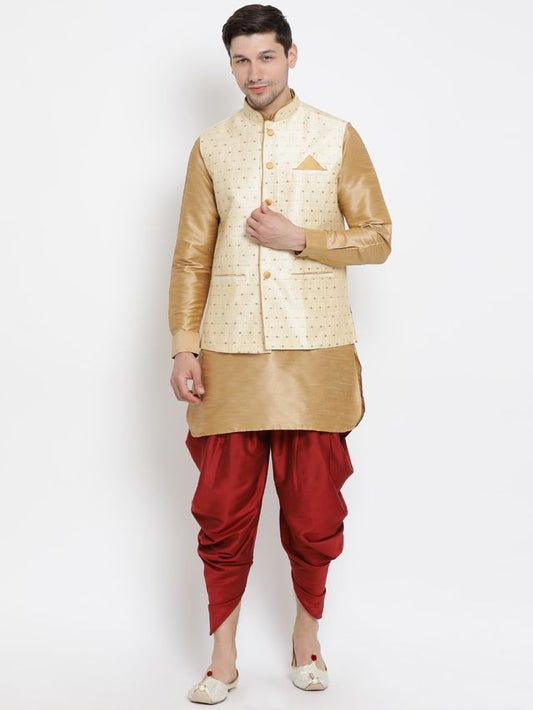 Men's Rose Gold Silk Blend Straight Jacket  Kurta and Dhoti Set