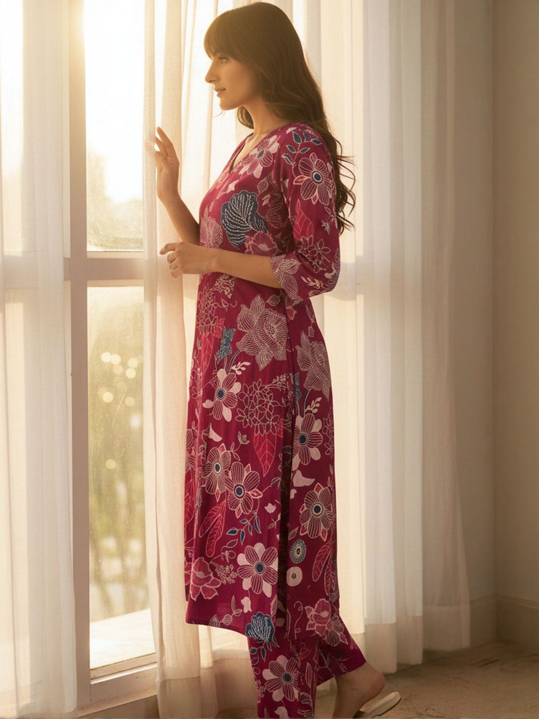 Floral Printed V-Neck Pure Cotton A-Line Kurta With Trouser