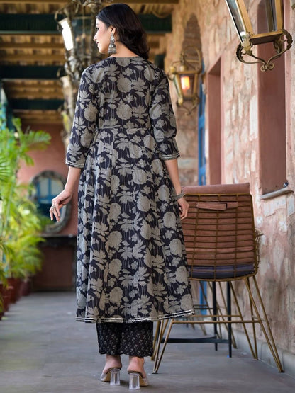 Dhiyona VA Women's Floral Printed Panelled Mirror Work Kurta with Trousers & With Dupatta
