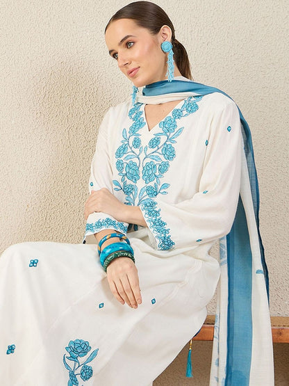 Floral Embroidered A-Line Thread Work Kurta With Trousers & Dupatta