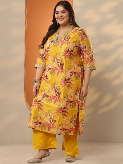 Dhiyona Women's Plus Size Printed V-Neck Straight Kurta With Palazzos & Dupatta