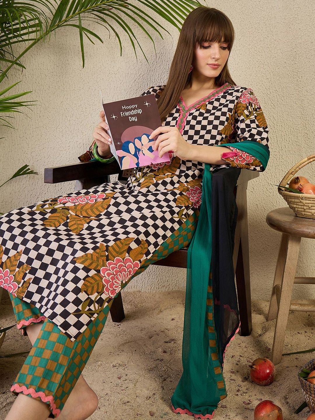 Women Checked Printed Cotton Kurta with Trousers & Dupatta