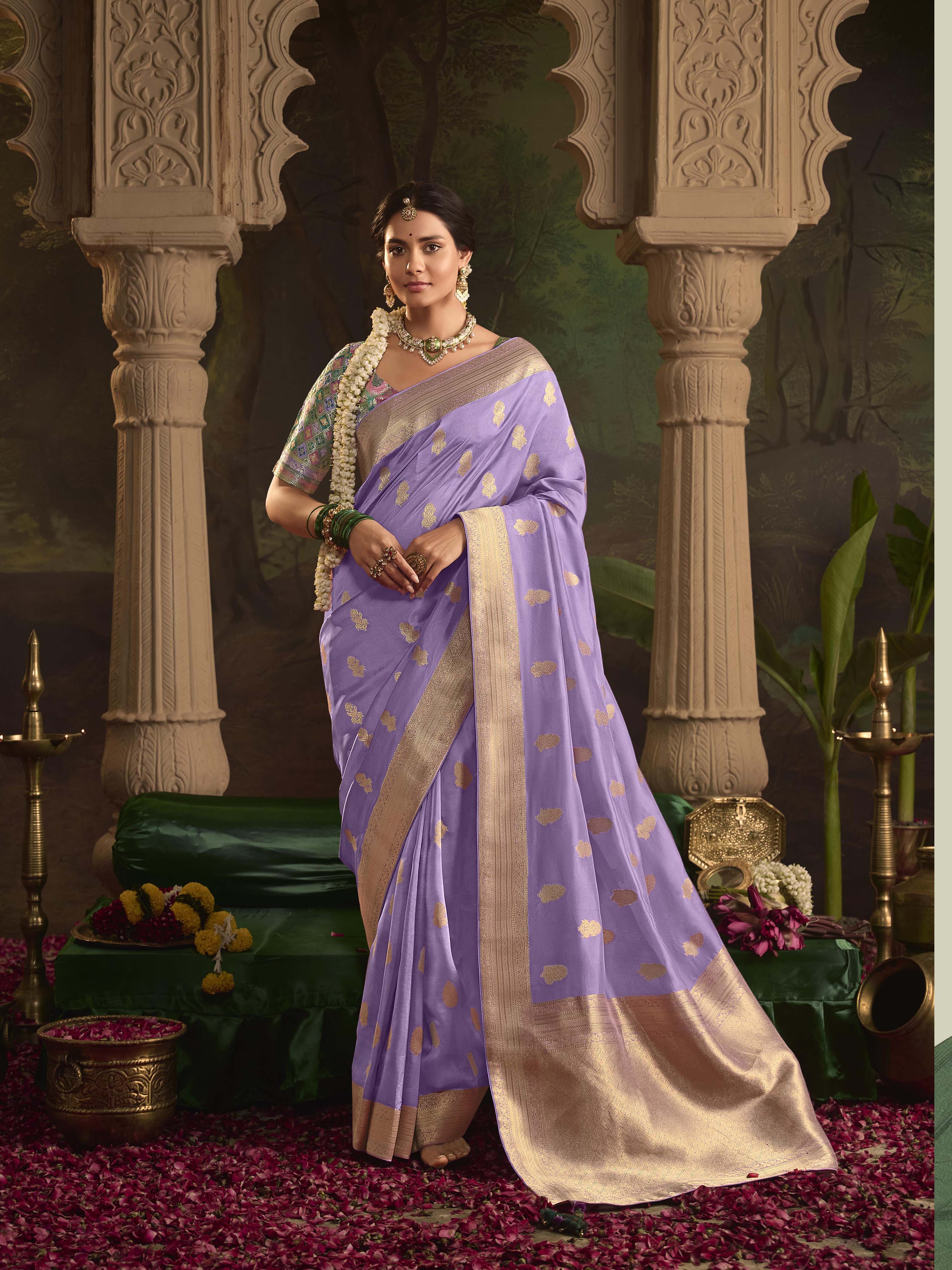 Dhiyona KM Women Royal Purple Saree With Contrasting Sea Green Blouse