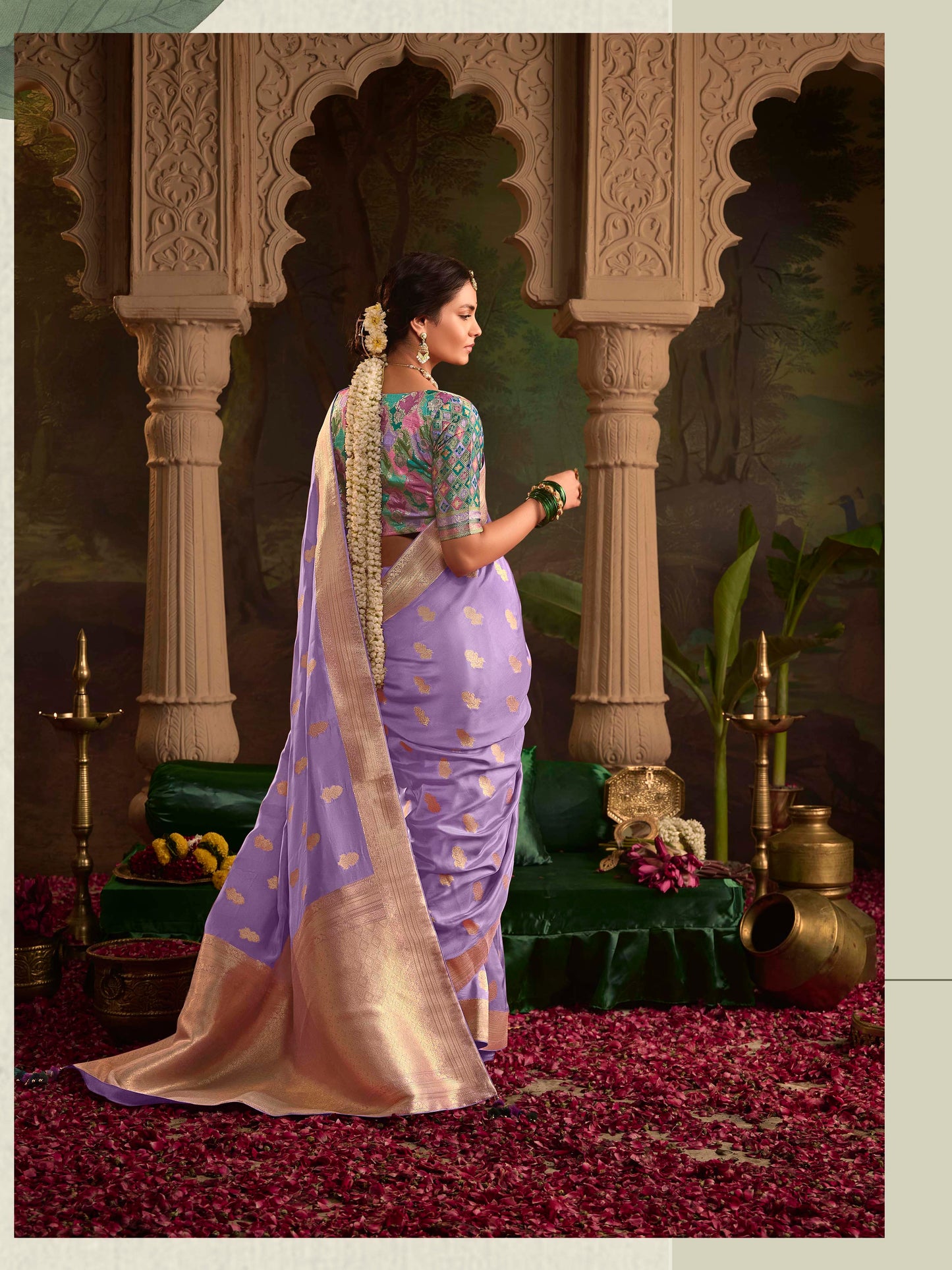 Dhiyona KM Women Royal Purple Saree With Contrasting Sea Green Blouse
