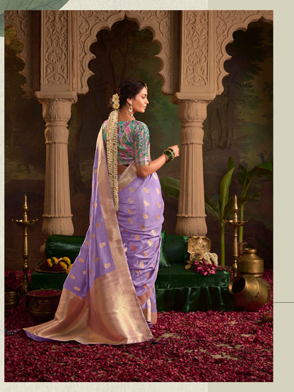 Dhiyona KM Women Royal Purple Saree With Contrasting Sea Green Blouse