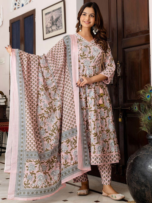 Dhiyona IE Women Floral Printed Regular Beads and Stones Pure Cotton Kurta with Trousers & With Dupatta