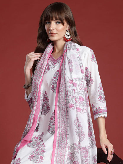 Floral Printed Sequinned V-Neck Pure Cotton Kurta with Trousers & Dupatta