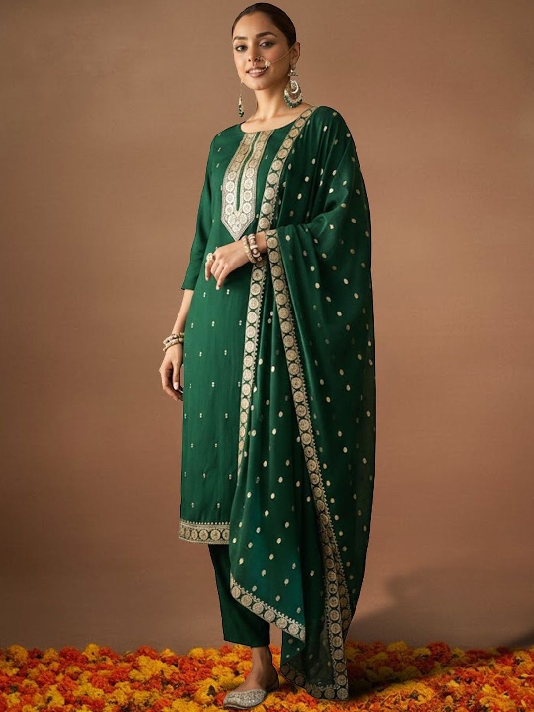 Women Ethnic Motifs Embroidered Regular Thread Work Kurta with Trousers & With Dupatta