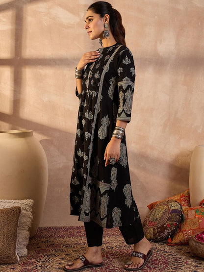 Ethnic Motifs Printed Panelled Band Collar Sequinned Pure Cotton Kurta & Trousers