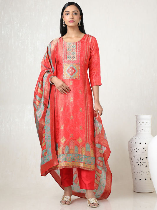 Dhiyona SO Women's Women Floral Printed Regular Mirror Work Kurta with Trousers & With Dupatta
