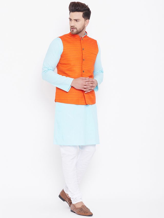 Men's Aqua Cotton Blend Straight Jacket  Kurta and Pyjama Set
